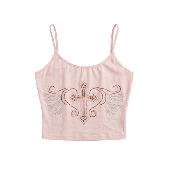 ROMWE Tops - Romwe Pink Rhinestone Cross Wing Graphic Cami Crop Top XS US 2 Y2K Streetwear